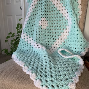 Hand Crafted Crocheted Mint Green & White Granny Square Baby Blanket for Baby Shower, Birthday, and Holidays