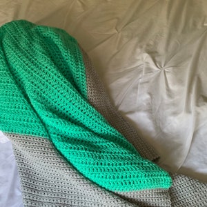 Hand Crocheted Blanket: Vibrant Green & Grey Afghan Throw (58x53 inches)