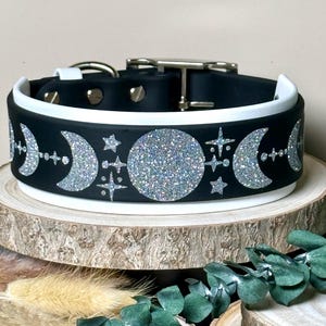 May include: Black and white dog collar with a silver glitter moon and star design.