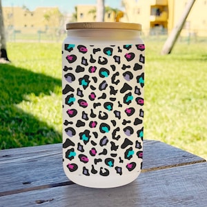 Leopard animal print Glass Cup Iced Coffee 16 oz with lid and customized straw