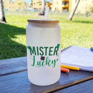 MISTER LUCKY Clover Glass can 16 oz | St. Patrick's Day | Lucky Mug | Luck of the Irish Mug | Green Lucky glass | Lucky Iced