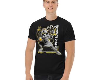 May include: Black t-shirt with a graphic of a cartoon character holding a weapon. The character is wearing a grey and yellow outfit. The text "Wonder Drop" is written vertically on the right side of the graphic. The text "B.A.H.O-7" is written horizontally at the bottom of the graphic.