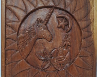 Vintage Einhorn Traum Holz geschnitzte Wandtafel, 1984