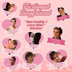 May include: Nine pink heart-shaped stickers with fictional characters from popular media. Each sticker features a different character and the text "But Daddy I Love Him".