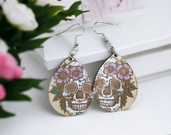 FLORAL SUGAR SKULL | Dangle - sugar skull, floral skull, skull earrings, Day of the Dead, Dia de los Muertos, earrings,