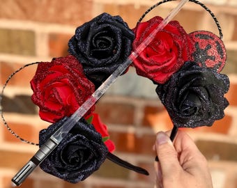Darth Vader Floral Ears, Dark Side Ears, Star Wars Mickey Minnie Ears, Floral Mouse Ears, Mouse Ear Headbands, Light Up Ears