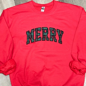 Embroidered Merry Christmas Sweatshirt, Plaid Christmas pullover, cute Christmas sweatshirt, Side bow applique sweatshirt,  coquette bow