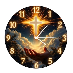 May include: A round wall clock featuring a glowing cross centered above an open hand reaching toward the sky. The background displays clouds and dark trees at dusk. The clock face includes large, illuminated numerals from 1 to 12 and white hands.