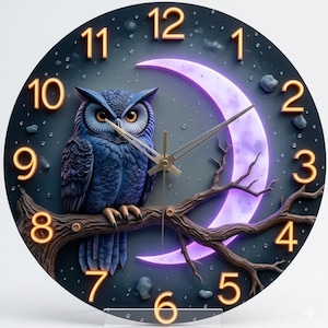 May include: A round wall clock featuring a blue owl perched on a branch, set against a crescent moon. The clock face has glowing gold numerals and hands. The background is a dark blue with a starry effect.