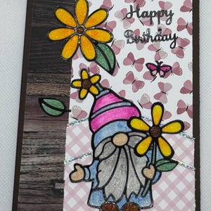 Cartão de Feliz Aniversário GNOMES Primavera Verão Glitter Feito à Mão