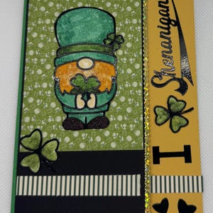 I LOVE SHENANIGANS St. Patrick&#39;s Day Leprechaun Gnome Shamrocks Handmade Glitter Card
