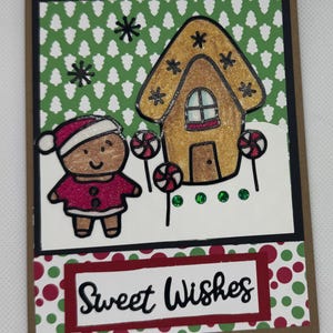 SWEET WISHES Lebkuchenmann und Haus Pfefferminz Weihnachtskarte Handgemachte Glitzerkarte