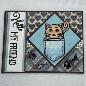 Hello My Friend  Cat in pocket   Kitten Handmade Glitter Card