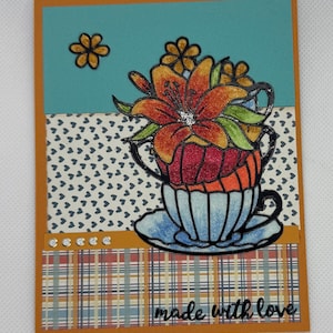 Made With Love Theekopjes Koffiekopjes gevuld met bloemen Handgemaakte glitterkaart