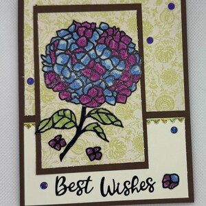 Beste wensen handgemaakte glitterkaart hortensiabloem
