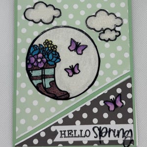 Groenblauwe mintgroene laarzen gevuld met bloemenvlinders HELLO SPRING handgemaakte glitterkaart