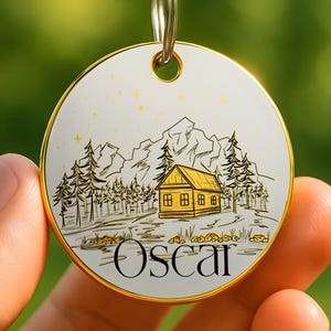 Mountain Cabin Pet Tag – Personalized Engraved Dog ID Tag with Scenic Forest and Lodge Design