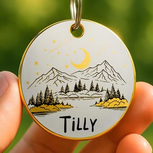 Moonlit Mountain Pet Tag – Custom Engraved Dog ID Tag with Scenic Night Sky Landscape Design
