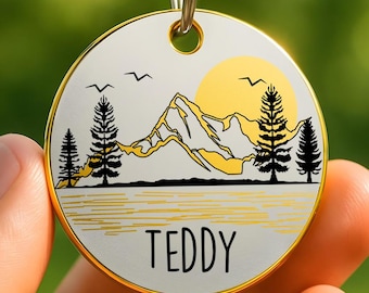 Placa de identificación grabada personalizada para mascotas: Lago de montaña, paisaje
