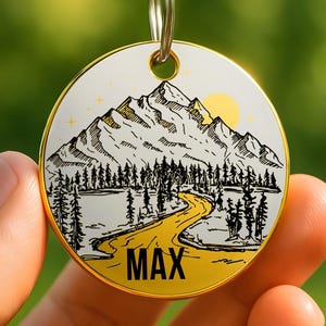 Mountain Road Pet Tag – Custom Engraved Dog ID Tag with Scenic Alpine Landscape Design