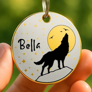 Wolf Moon Design Pet Tag – Custom Engraved Dog ID Tag with Name – Unique Gold Pet Name Tag for Cats and Dogs