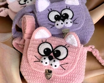 Little Kitten Amigurumi Bag, Crochet Cat Amigurumi, Kids Toys and Shoulder Bags, Backpack Crochet Pattern, Crocheted Animal Little Bag