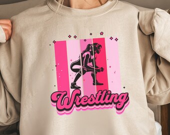 Women&#39;s Wrestling Sweatshirt, Female Wrestler Silhouette, Colorful Pink, Athletic Wear for Training, Gift for Girl Wrestler and Coach, Mom