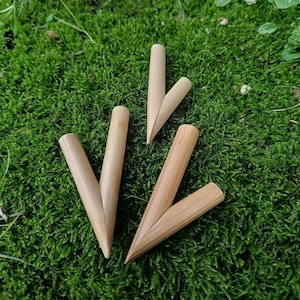 Op de afbeelding: Vier houten plantenmarkers met een V-vormig ontwerp liggen op groen mos. De markers zijn gemaakt van lichtgekleurd hout en hebben een natuurlijke, onafgewerkte uitstraling. Het mos zorgt voor een levendige groene achtergrond.