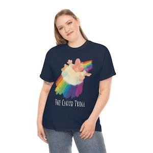 May include: A navy blue t-shirt with a graphic of a cartoon troll riding a rainbow. The text "The Cloud Troll" is printed below the graphic.