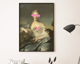 Altered Vintage Print: Lady and Bird Graffiti Art (Unframed)