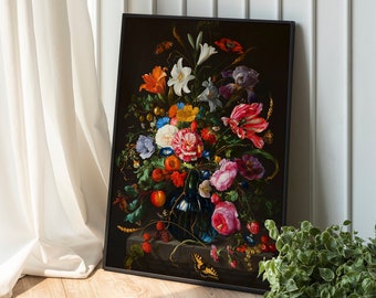 Dark Floral Wall Art Maximalist Floral Still Life Painting Flower Botanical Print Eclectic Renaissance Antique Oil Rose Lily Peony Wall Art