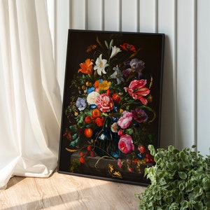 Impresión de arte floral de estilo vintage / Arte de pared inspirado en la naturaleza muerta holandesa / Decoración botánica oscura / Póster de jarrón de flores clásico / Decoración elegante para el hogar