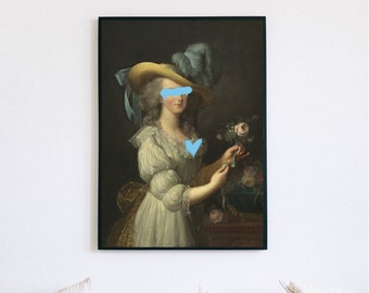 Altered Vintage Portrait Print: Graffiti Renaissance Lady with Flower