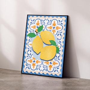 Amalfi Coast Lemon Print – Italian Kitchen Wall Art, Traditional Mediterranean Design, Italia Tile Illustration, High Quality Vibrant Print