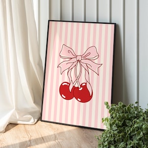 Coquette Cherry Art Print: Pink Striped Bow Illustration