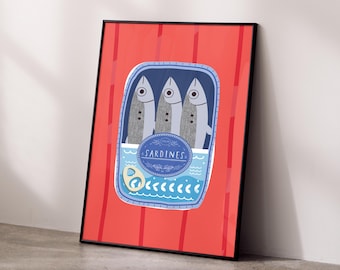 Lámina artística de lata de sardinas: decoración costera de cocina italiana vintage
