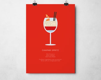Campari Spritz Cocktail Print, Home Bar, Kitchen, Cocktail Recipe, Home Decor, Bar Wall Art - UNFRAMED Poster Print VARIOUS COLOURS