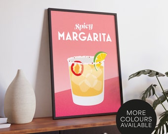 May include: A printable poster with a pink background and a black frame. The poster features a glass of margarita with a lime wedge, a chili pepper, and a salted rim. The text "Spicy Margarita" is written in white at the top of the poster.