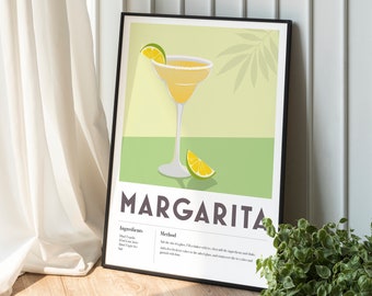 May include: A printable poster with a green and yellow background featuring a margarita cocktail with a lime garnish. The poster includes the text "Margarita" in a bold, black font and a recipe for the cocktail with ingredients and instructions.