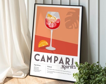 May include: A printable poster with a minimalist design featuring a glass of Campari Spritz with ice and an orange slice. The poster includes the recipe for the cocktail with ingredients and instructions. The text reads "Campari Spritz".