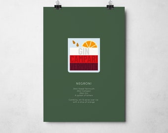 Negroni Cocktail Print, Home Bar, Kitchen, Cocktail Recipe, Home Decor, Bar Wall Art - UNFRAMED Poster Print VARIOUS COLOURS