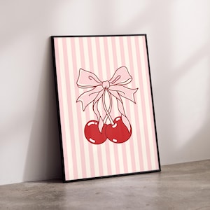 Coquette Cherry Print: Pink Striped Bow Illustration (Digital Download)