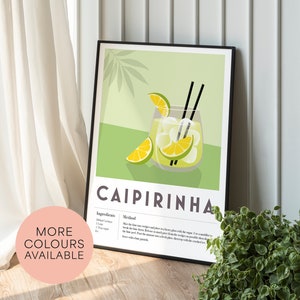 Impresión de cóctel de lima CAIPIRINHA, barra de casa, cocina, receta de cóctel, decoración del hogar, arte de pared de bar, impresión de póster gráfico minimalista retro vintage