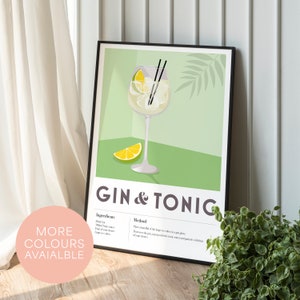 Gin & Tonic Cocktail Print Home Bar Kitchen Recipe Decor Bar Wall Art Poster Print Cool edgy graphic maximalist retro vintage