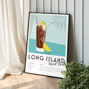 Long Island Iced Tea Cocktail Print Home Bar Kitchen Recipe, Home Decor Bar Wall Art Poster Print Cool edgy graphic maximalist retro vintage
