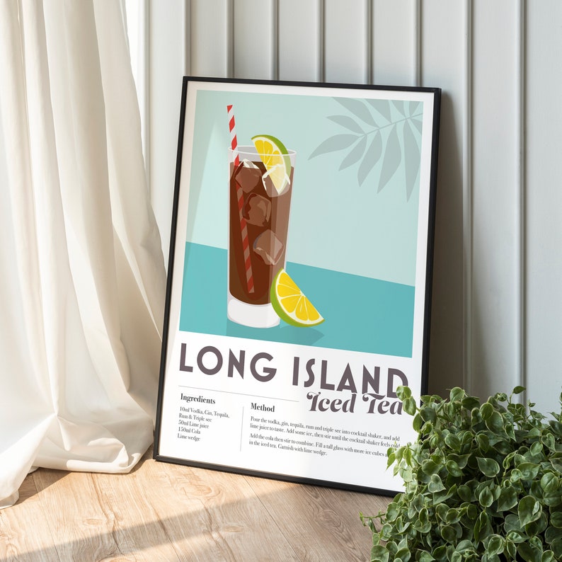 May include: A printable poster with a recipe for a Long Island Iced Tea cocktail. The poster features a glass of the cocktail with a lime wedge and a red and white striped straw. The poster has a blue background with a palm leaf silhouette. The text on the poster reads "Long Island Iced Tea" and includes the ingredients and method for making the cocktail.