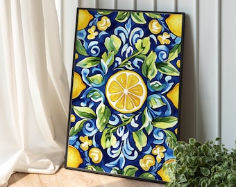 May include: A framed print with a blue, green, and yellow design featuring lemons and leaves. The design is reminiscent of Italian majolica pottery.