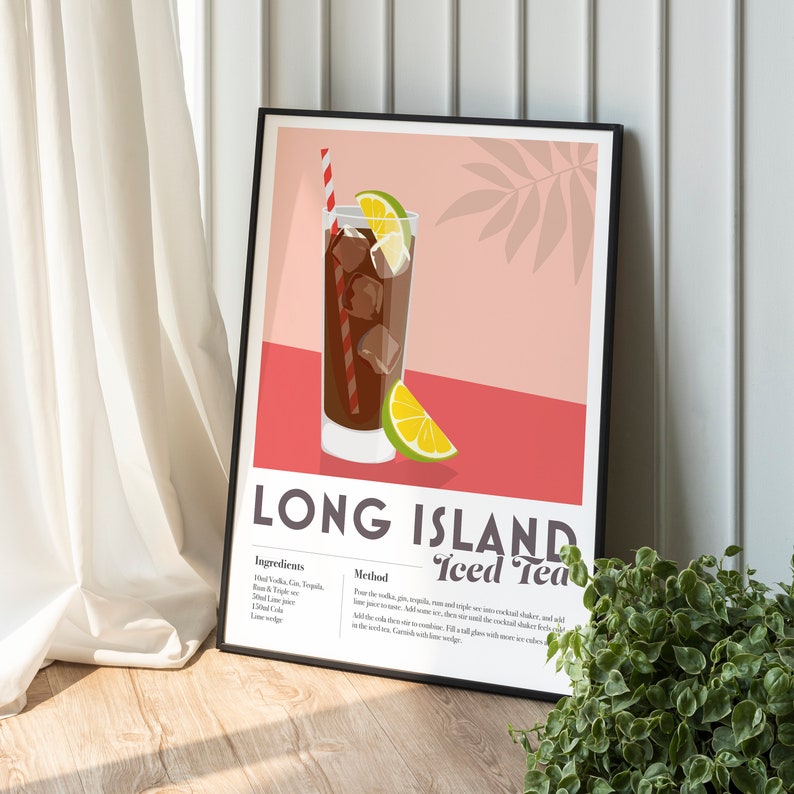 May include: A printable poster with a pink background and a graphic of a Long Island Iced Tea cocktail. The poster includes the recipe for the drink, with ingredients and instructions. The text on the poster reads "Long Island Iced Tea".