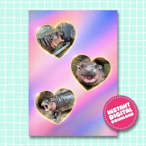 Moo Deng Heart Portrait Print Digital Design - Pygmy Hippo Viral Trend Wall Art Print - Animal Lover Gift, Perfect for sassy Moo Deng Fans
