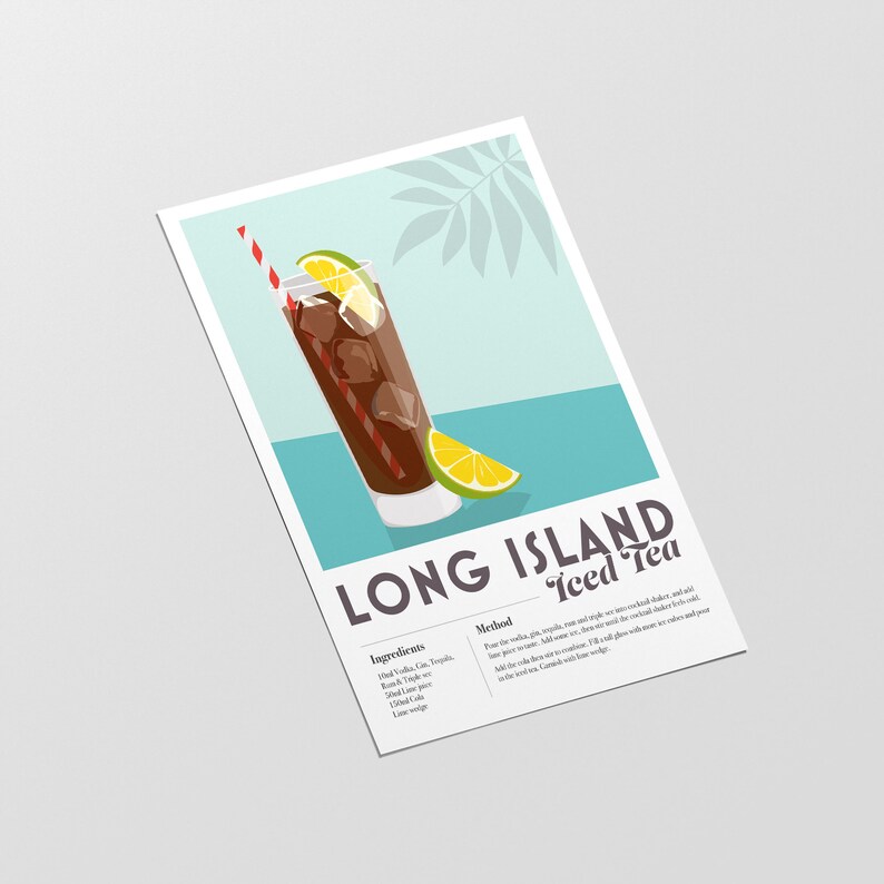 May include: A printable recipe card for Long Island Iced Tea. The card features a colorful illustration of a glass of iced tea with a lime wedge and a red and white straw. The recipe includes ingredients and instructions for making the cocktail.